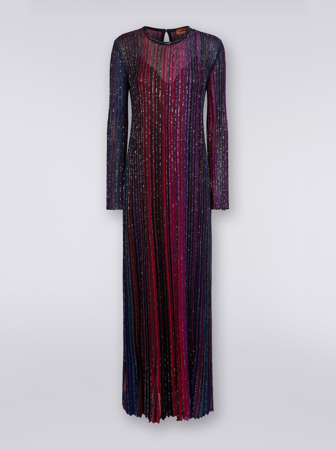 Long pleated viscose lamé dress with sequins , Multicoloured  - DS23WG2SBK027ESM91N - 0