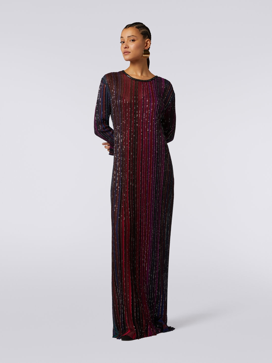 Long pleated viscose lamé dress with sequins , Multicoloured  - DS23WG2SBK027ESM91N - 1
