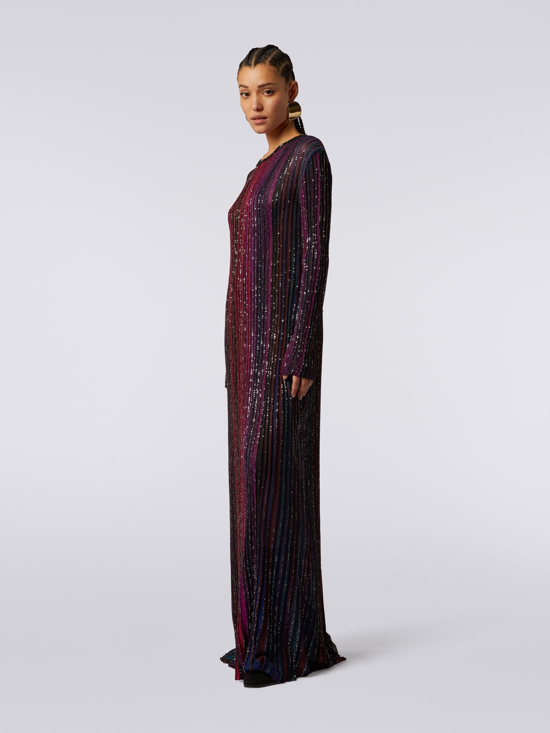 Long pleated viscose lamé dress with sequins , Multicoloured  - DS23WG2SBK027ESM91N - 2