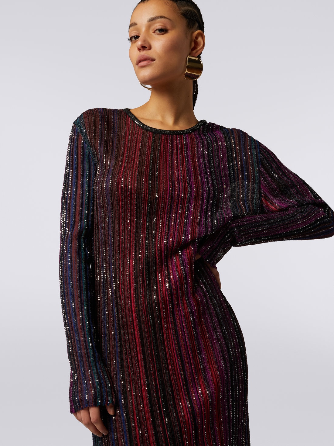 Long pleated viscose lamé dress with sequins , Multicoloured  - DS23WG2SBK027ESM91N - 4