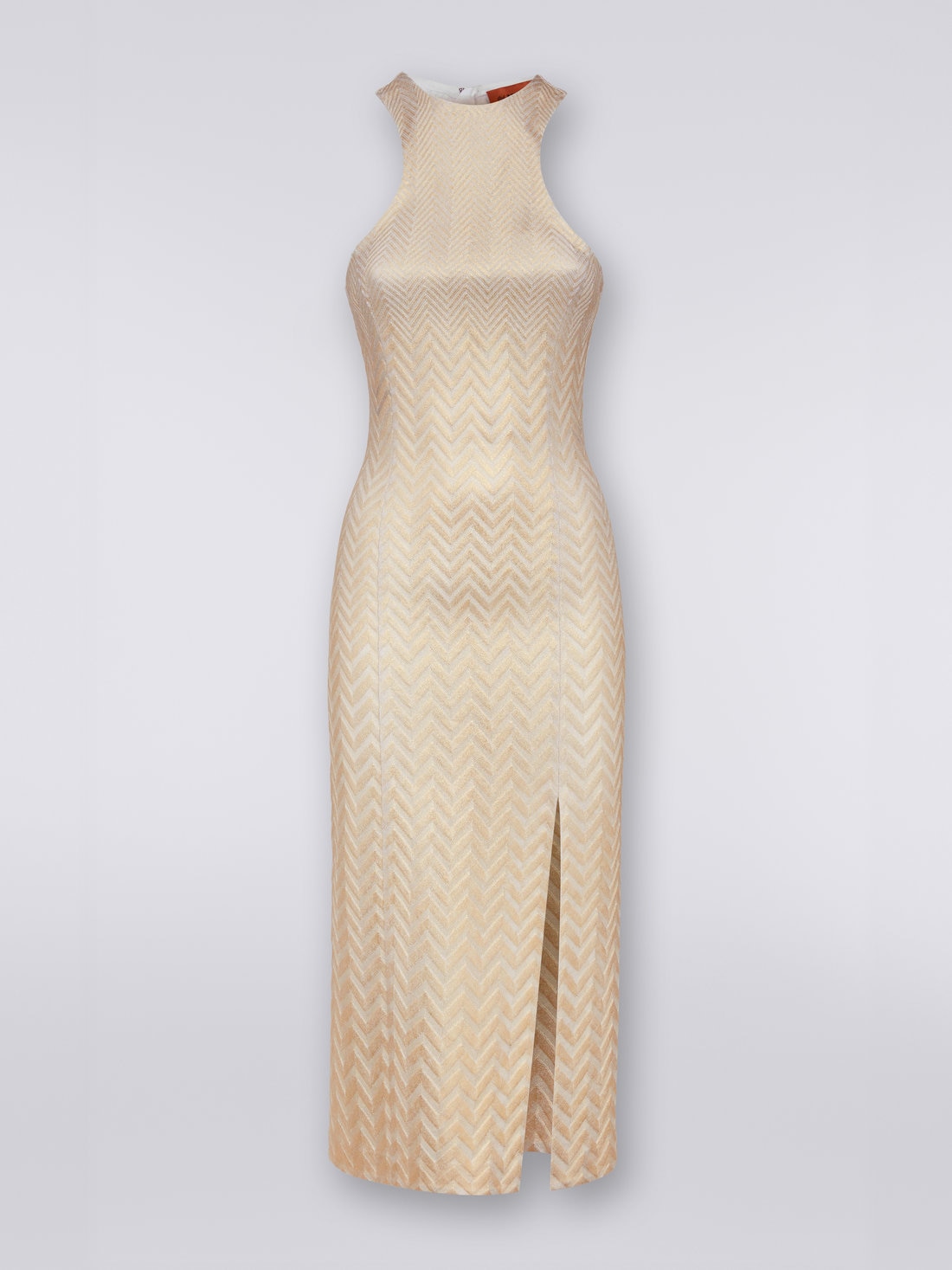 Langes Neckholder-Kleid aus Baumwolle und Viskose mit Chevronmuster, Gold - DS23WG2TBR00OVS10AF - 0