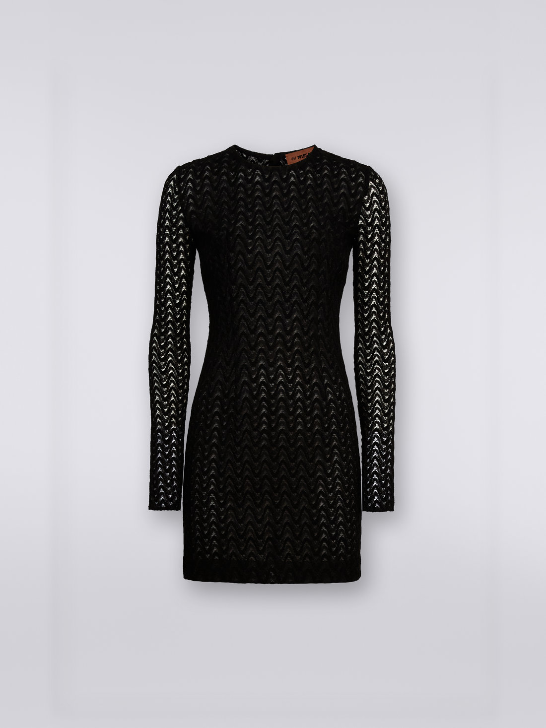 Crew-neck mini dress in wool and viscose with zigzag lace , Black    - DS23WG2YBR00NU93911 - 0