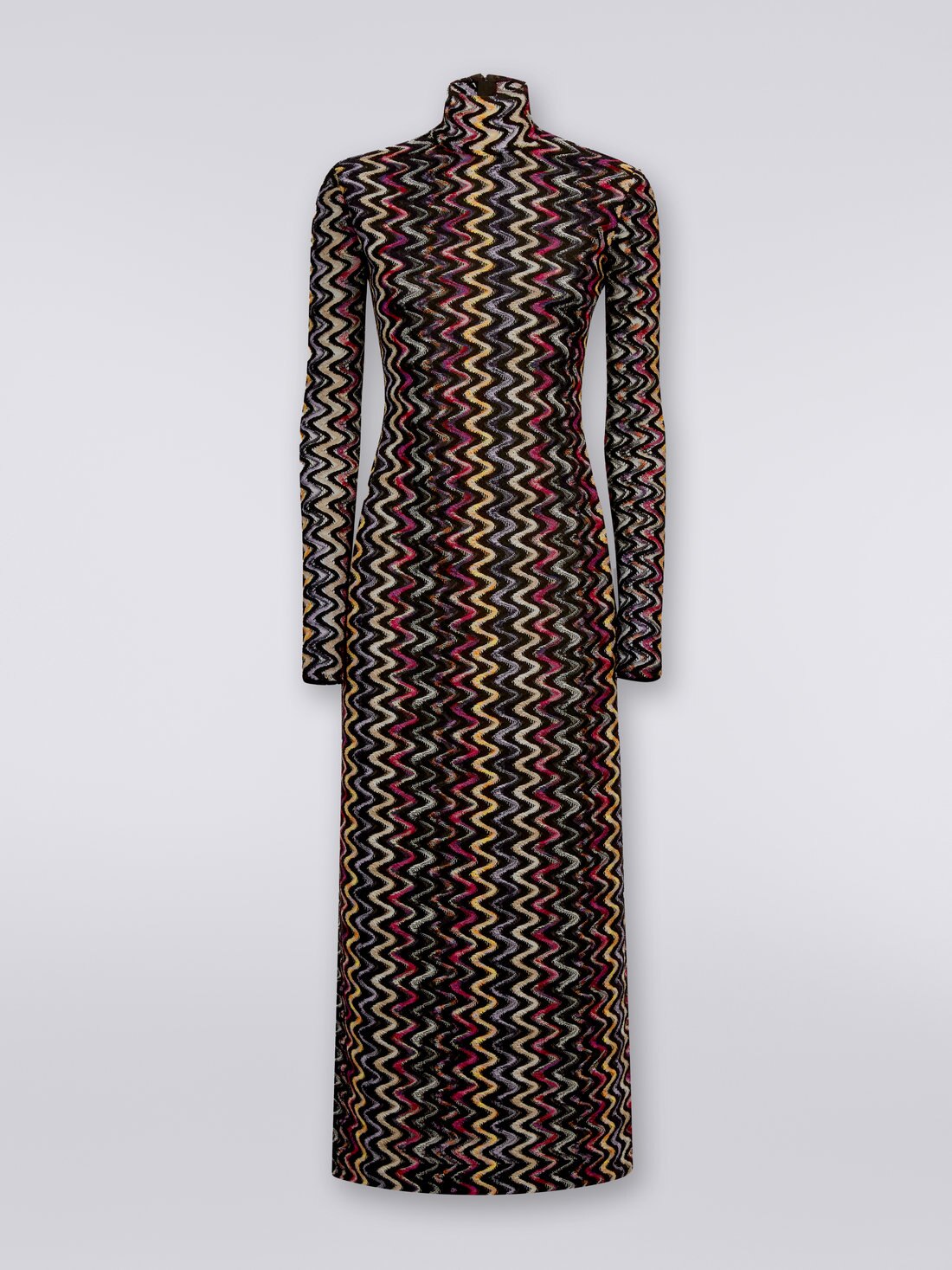 Langes Kleid aus Wolle und Viskose mit Raschelverarbeitung und Zickzackmuster, Mehrfarbig  - DS23WG30BR00P3SM8WE - 0