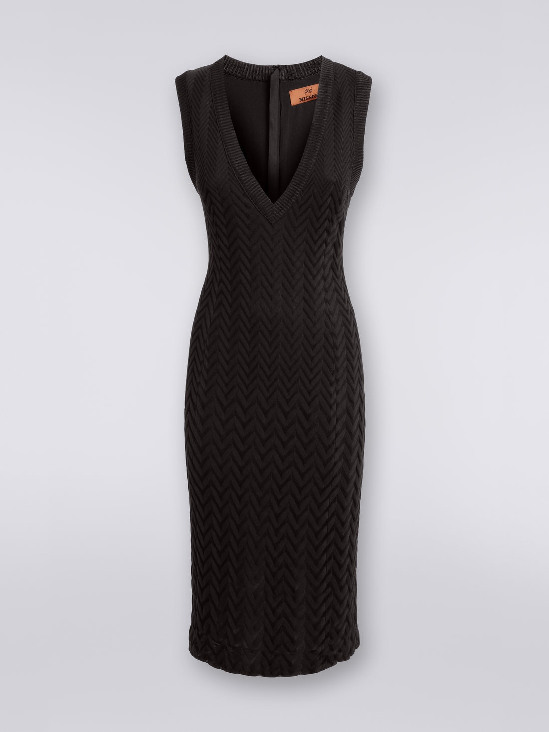 Cotton and viscose chevron V-neckline midi dress, Black    - DS23WG38BR00JE93911 - 0