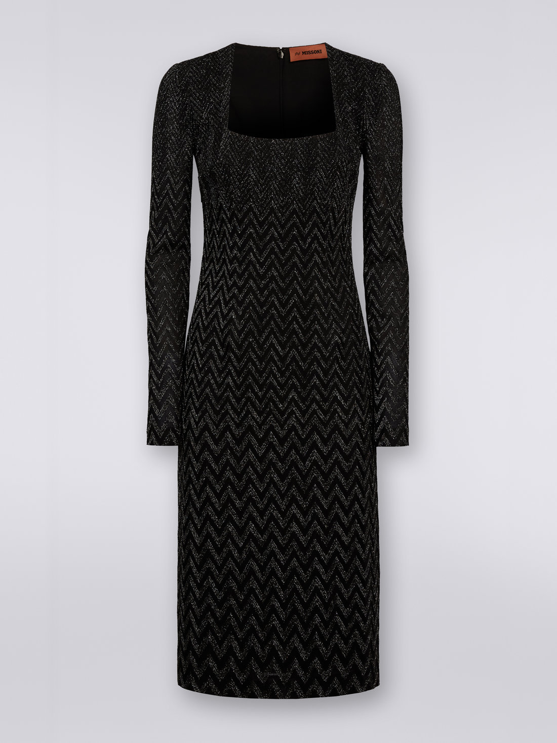 Viscose chevron midi dress with square neckline with lurex , Black    - DS23WG3ABR00OZS91G2 - 0