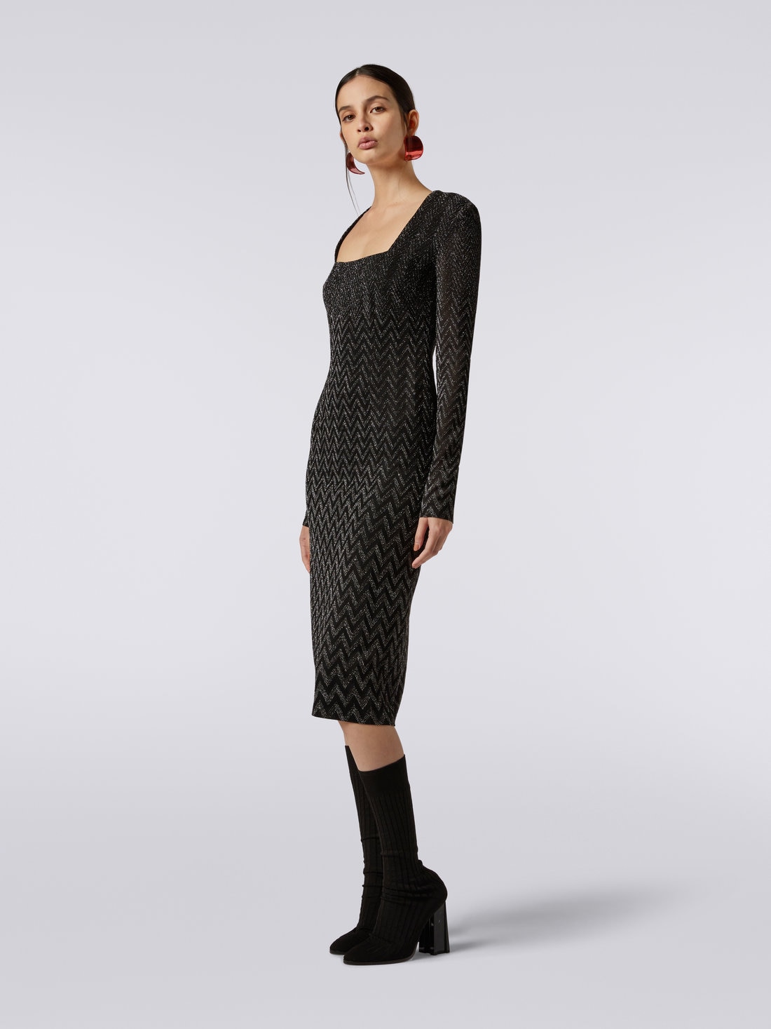 Viscose chevron midi dress with square neckline with lurex , Black    - 2