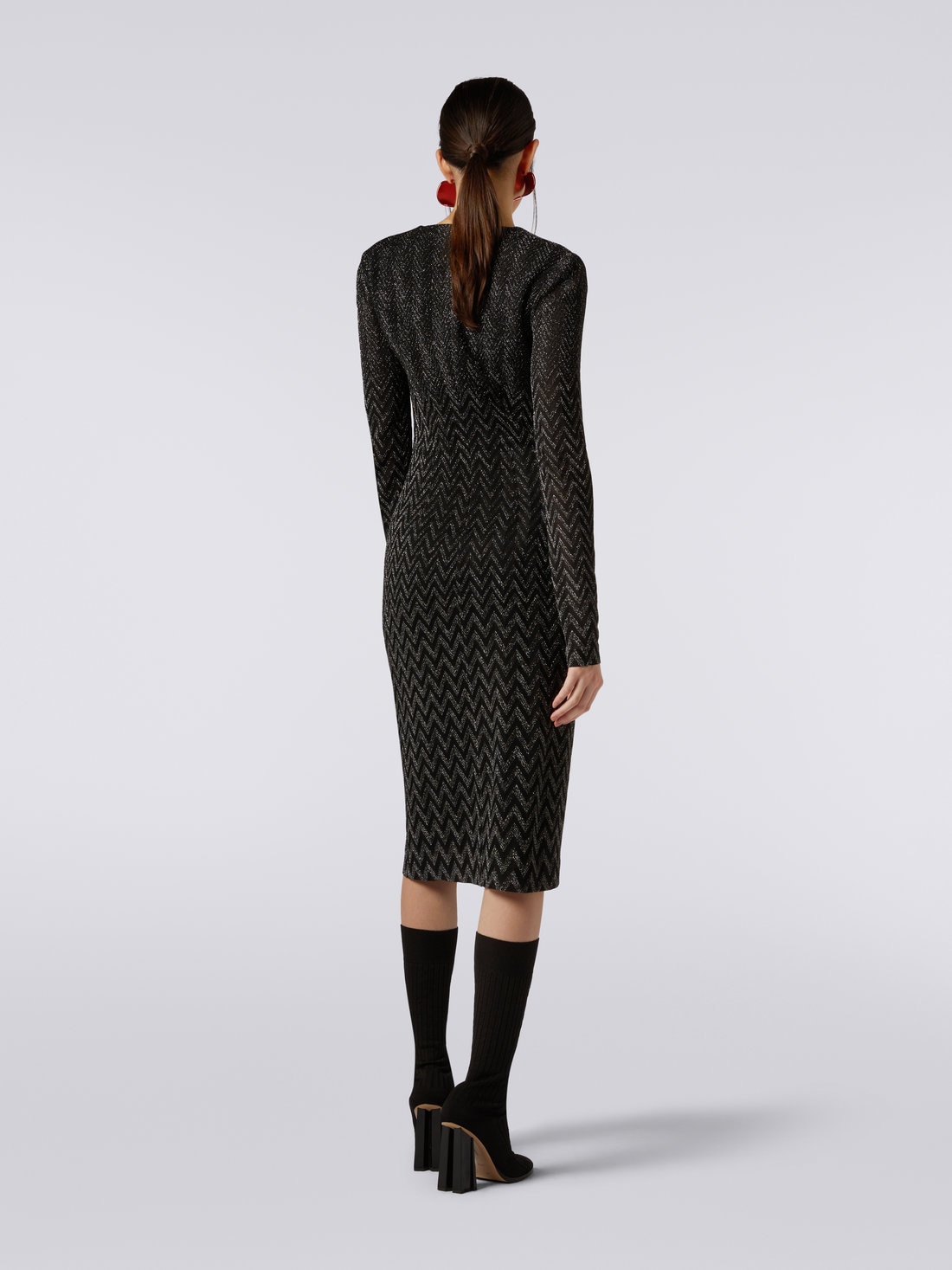 Viscose chevron midi dress with square neckline with lurex , Black    - 3