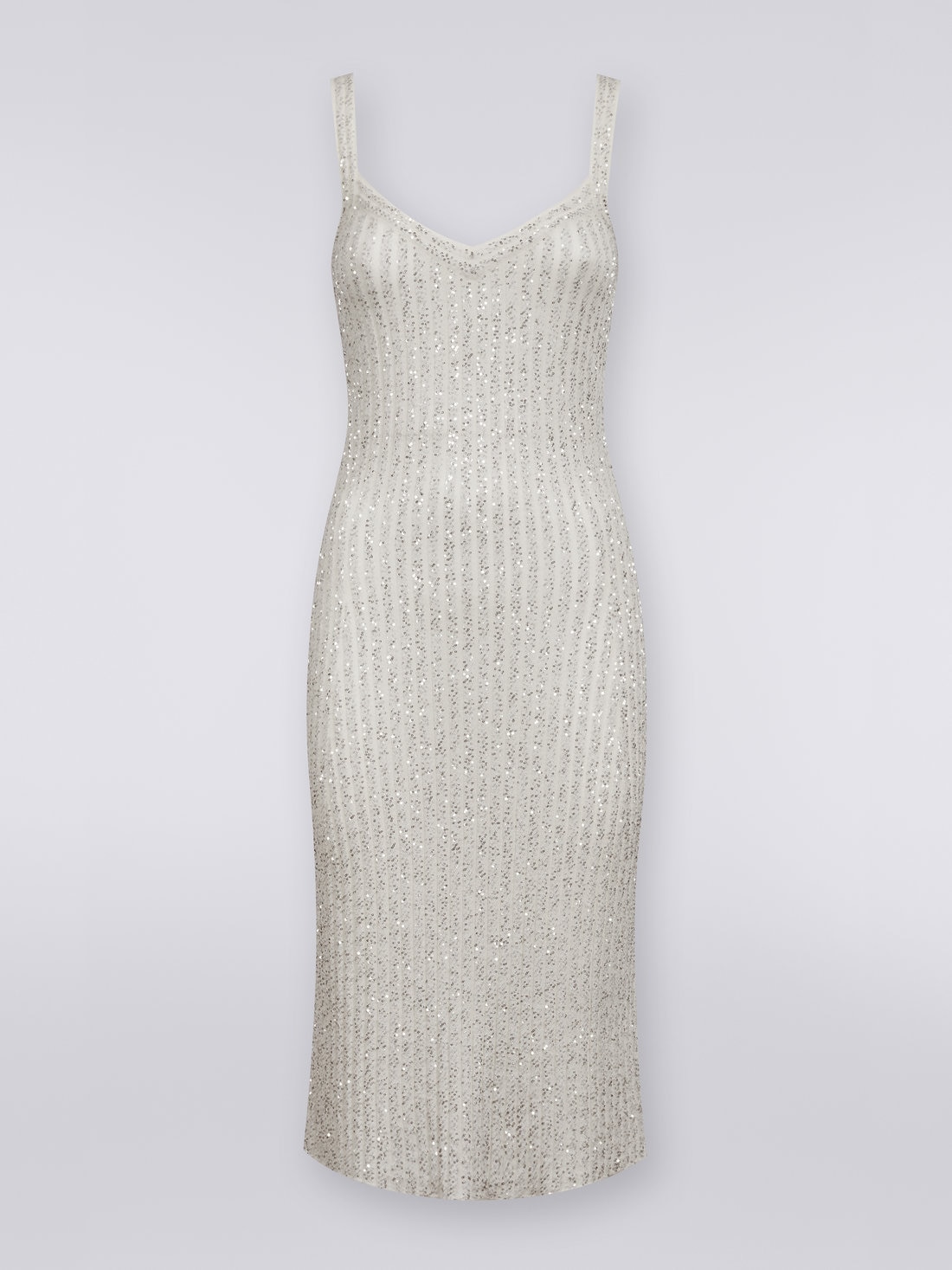 Geripptes Kleid aus Viskosemischgewebe mit Pailletten , Weiß  - DS23WG3HBK025RS00GS - 0