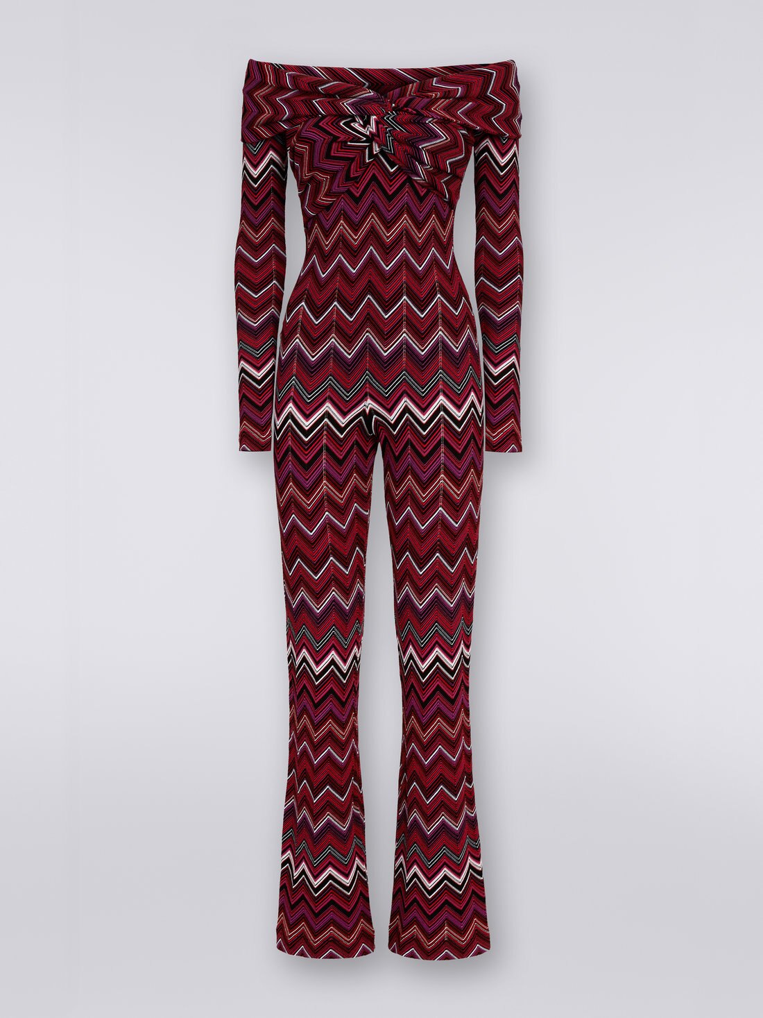 Viscose blend chevron jumpsuit with Bardot neckline, Multicoloured  - DS23WG3JBK026TSM91F - 0