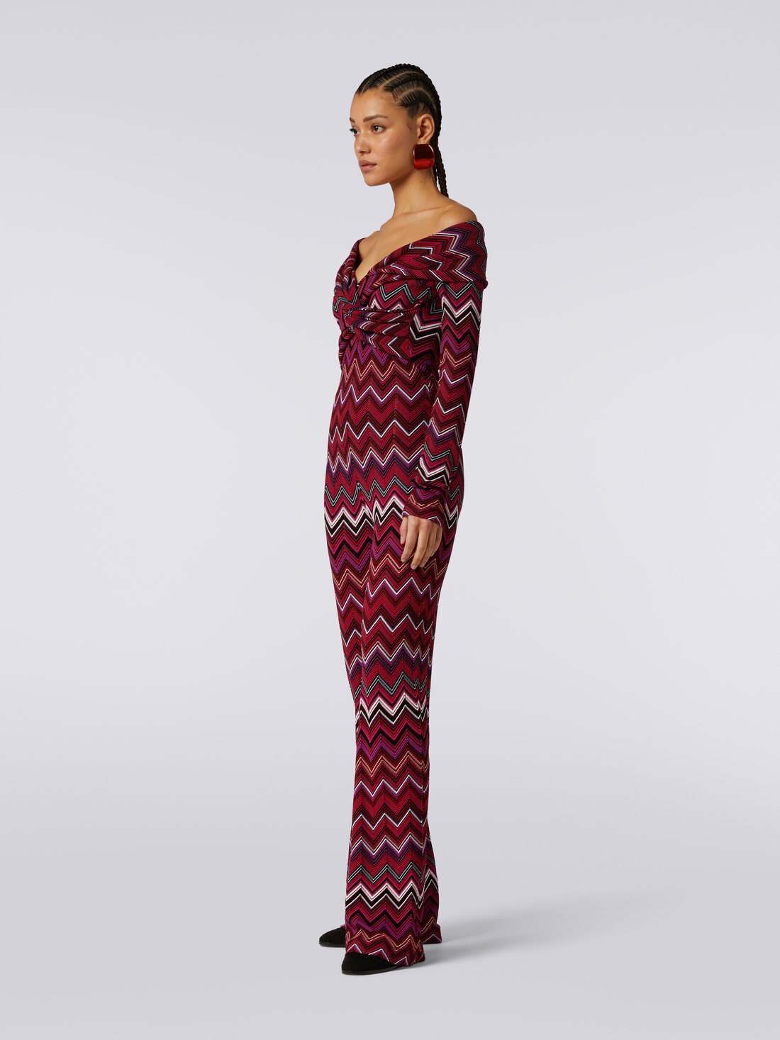 Viscose blend chevron jumpsuit with Bardot neckline, Multicoloured  - DS23WG3JBK026TSM91F - 2