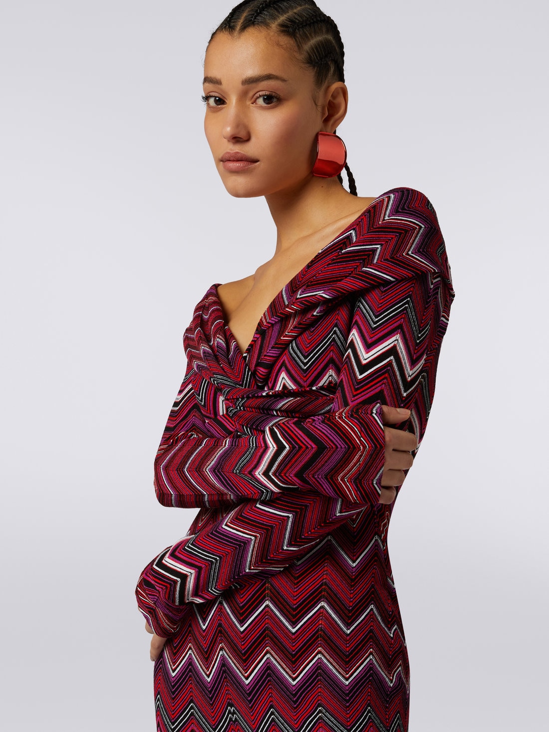 Viscose blend chevron jumpsuit with Bardot neckline, Multicoloured  - 4
