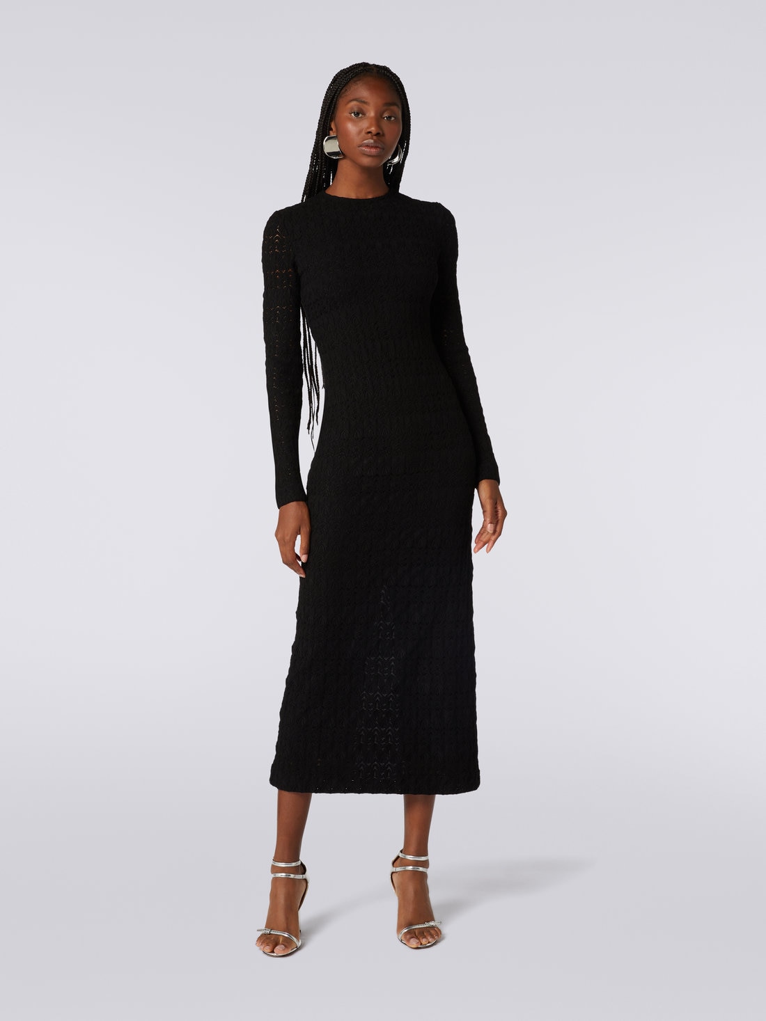 Long dress in raschel knit viscose blend lace, Black    - DS23WG40BR00SU93911 - 1