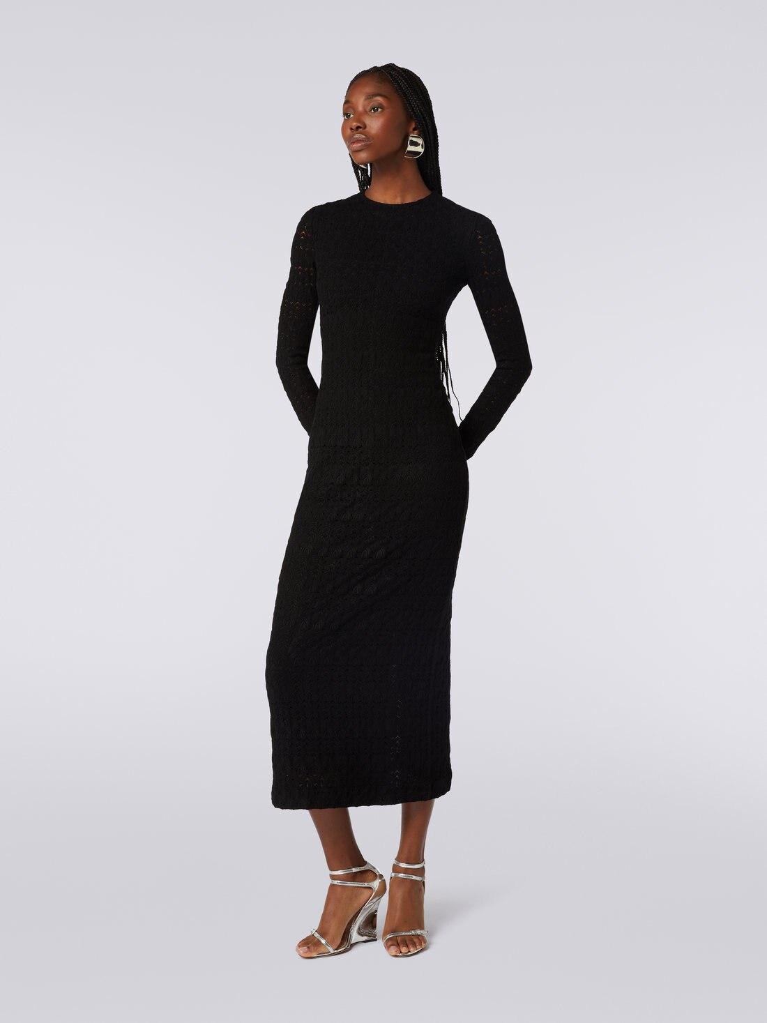 Long dress in raschel knit viscose blend lace, Black    - DS23WG40BR00SU93911 - 2