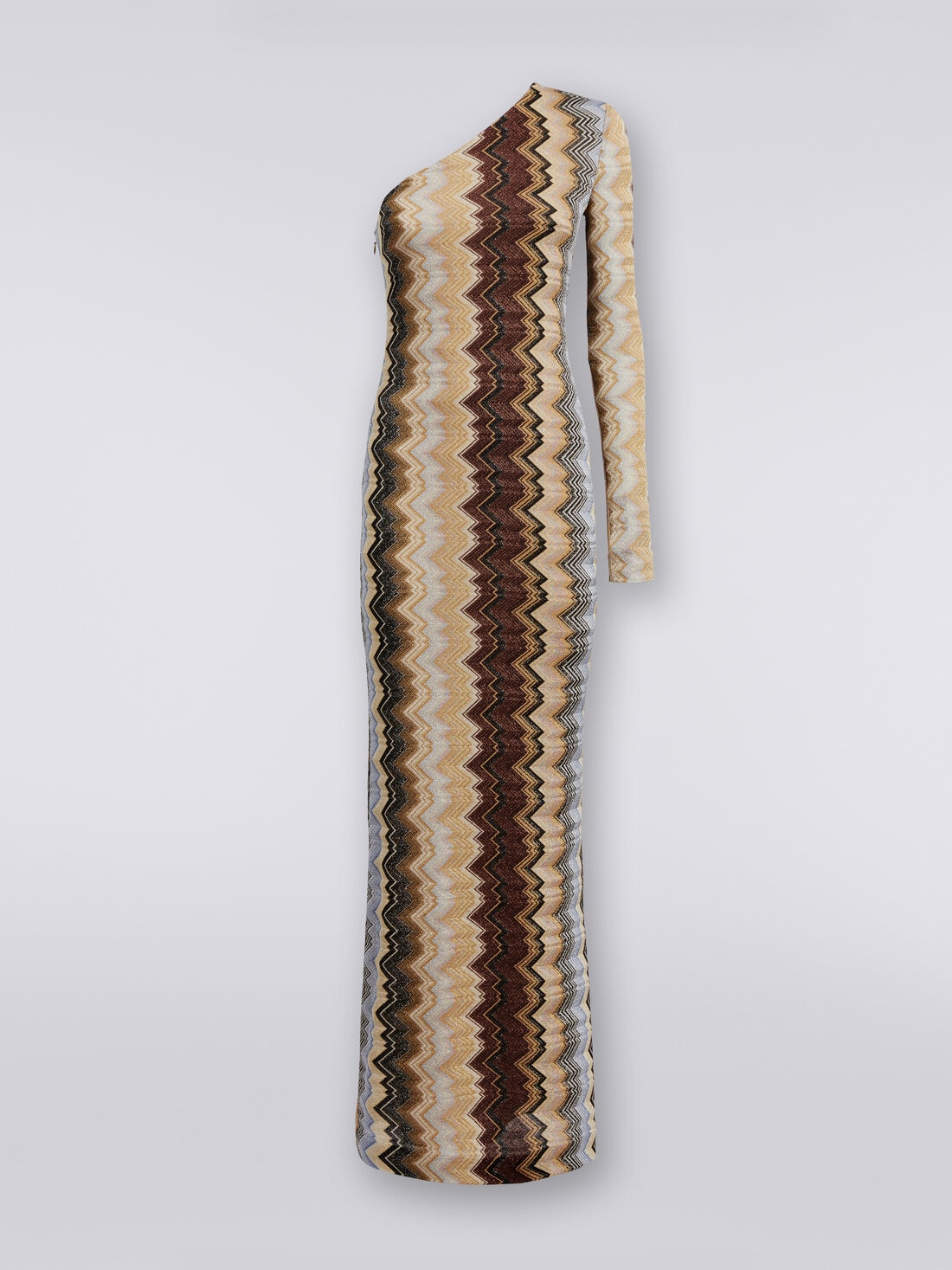One-shoulder long dress in lamé viscose with zigzag , Multicoloured  - DS23WG45BR00SZSM941 - 0