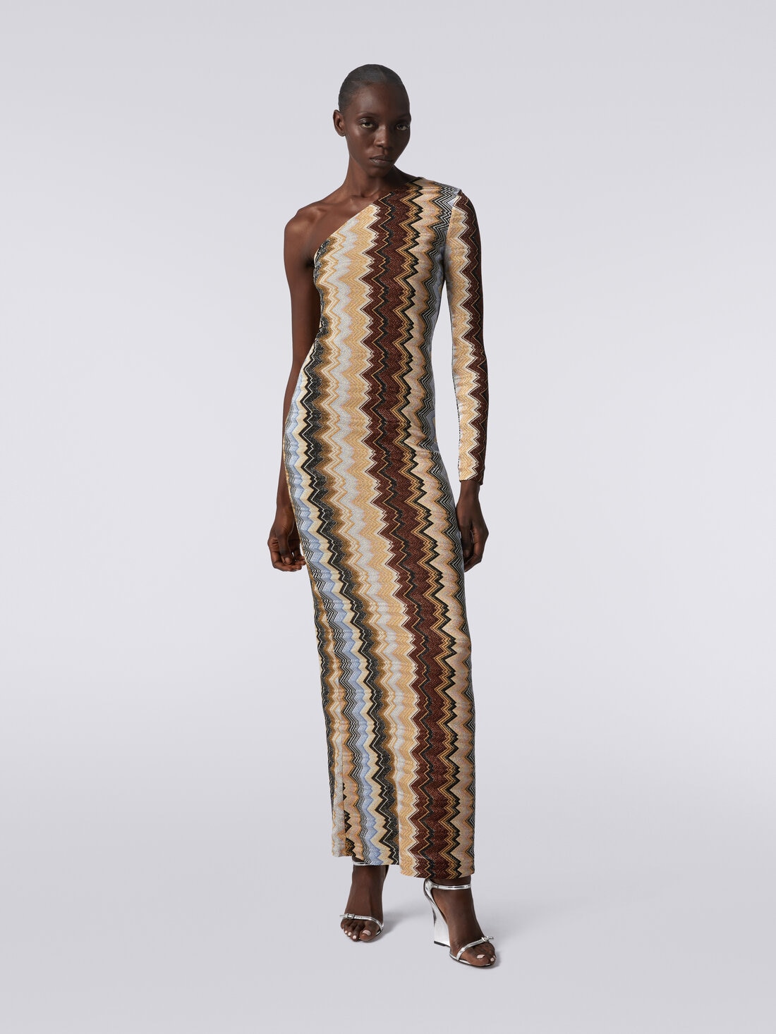 One-shoulder long dress in lamé viscose with zigzag , Multicoloured  - DS23WG45BR00SZSM941 - 1
