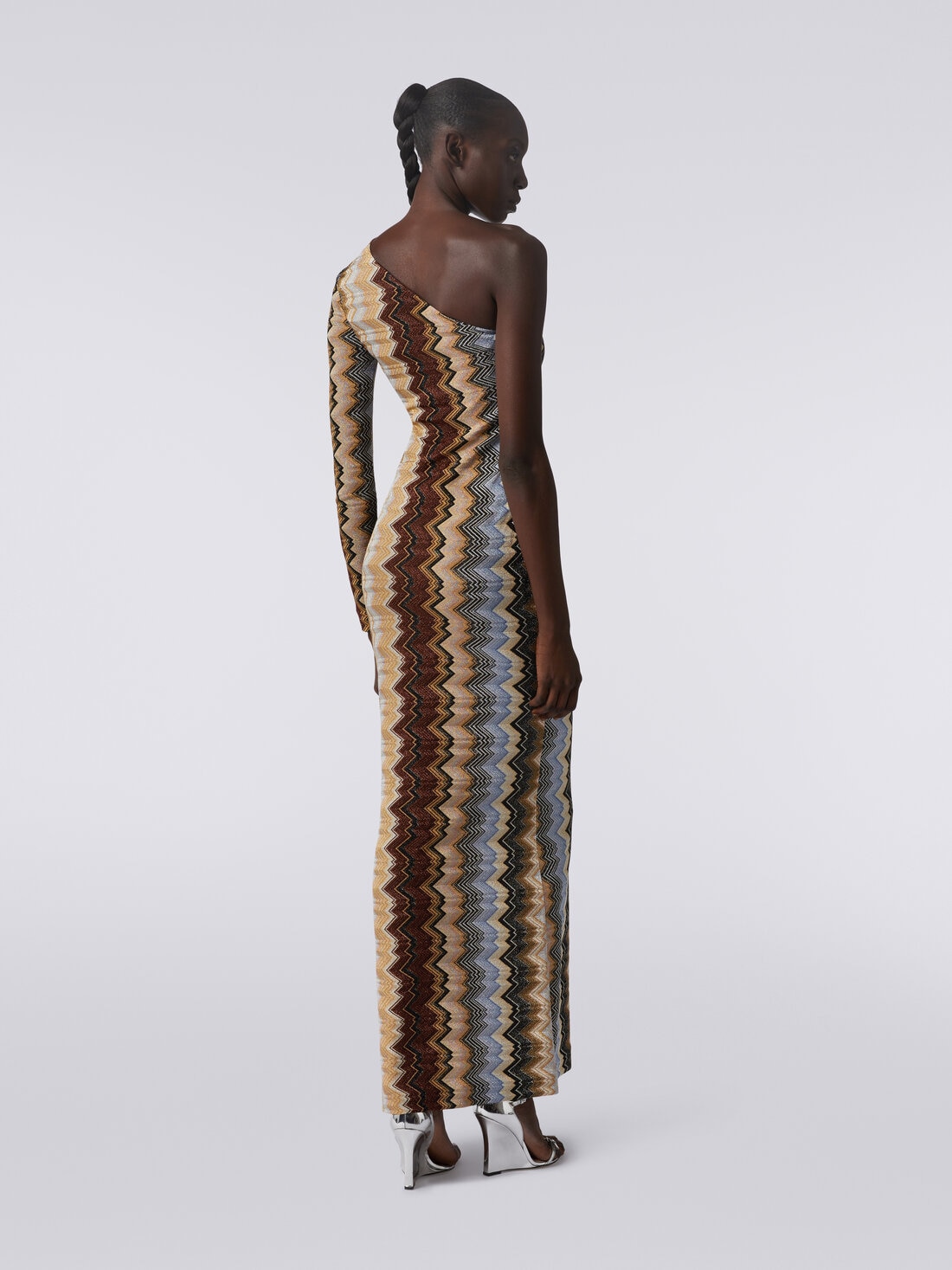One-shoulder long dress in lamé viscose with zigzag , Multicoloured  - DS23WG45BR00SZSM941 - 3