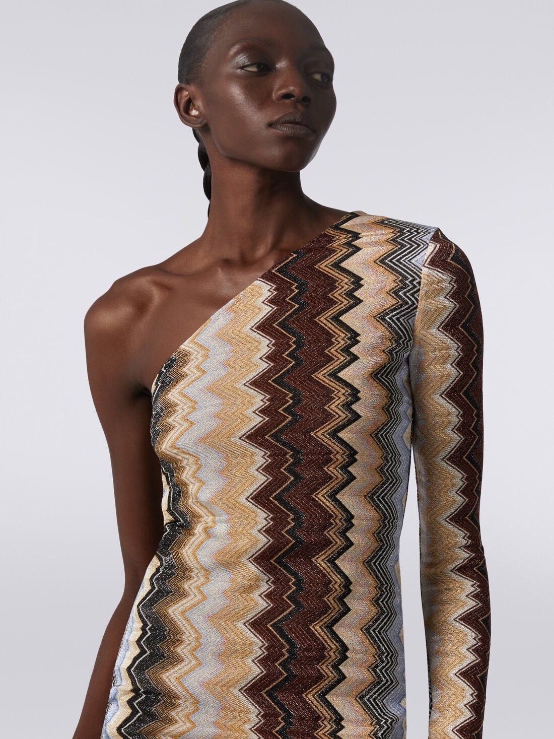 One shoulder long dress in lam viscose with zigzag Multicoloured