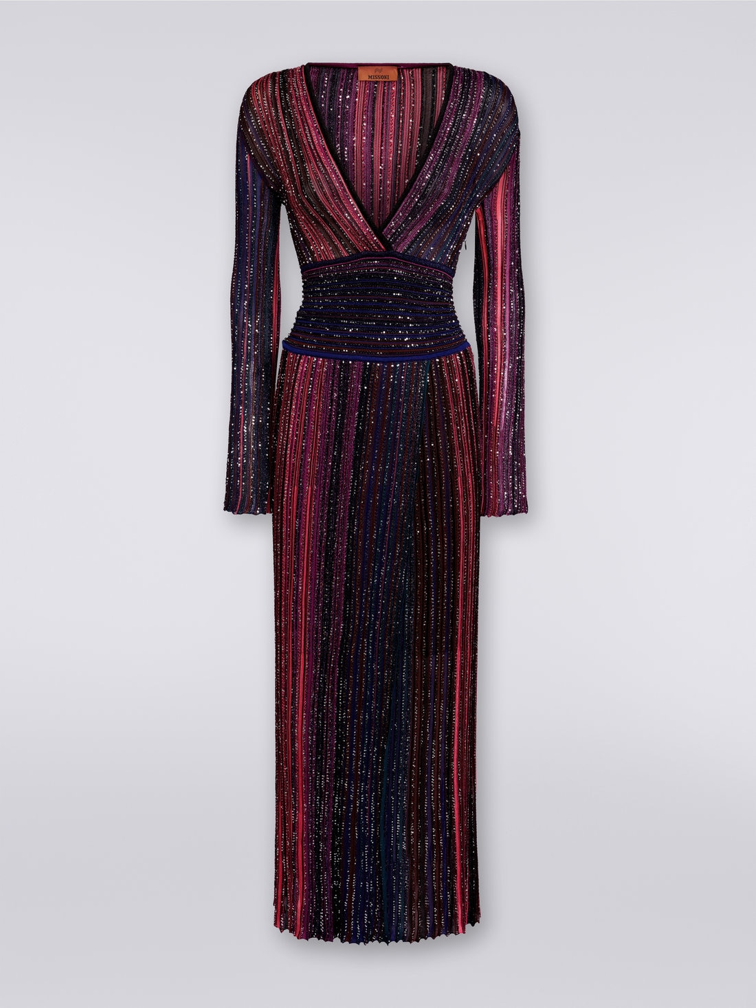 Langes Kleid aus Viskose mit Pailletten und V-Ausschnitt, Mehrfarbig  - DS23WG4ABK027ESM91N - 0