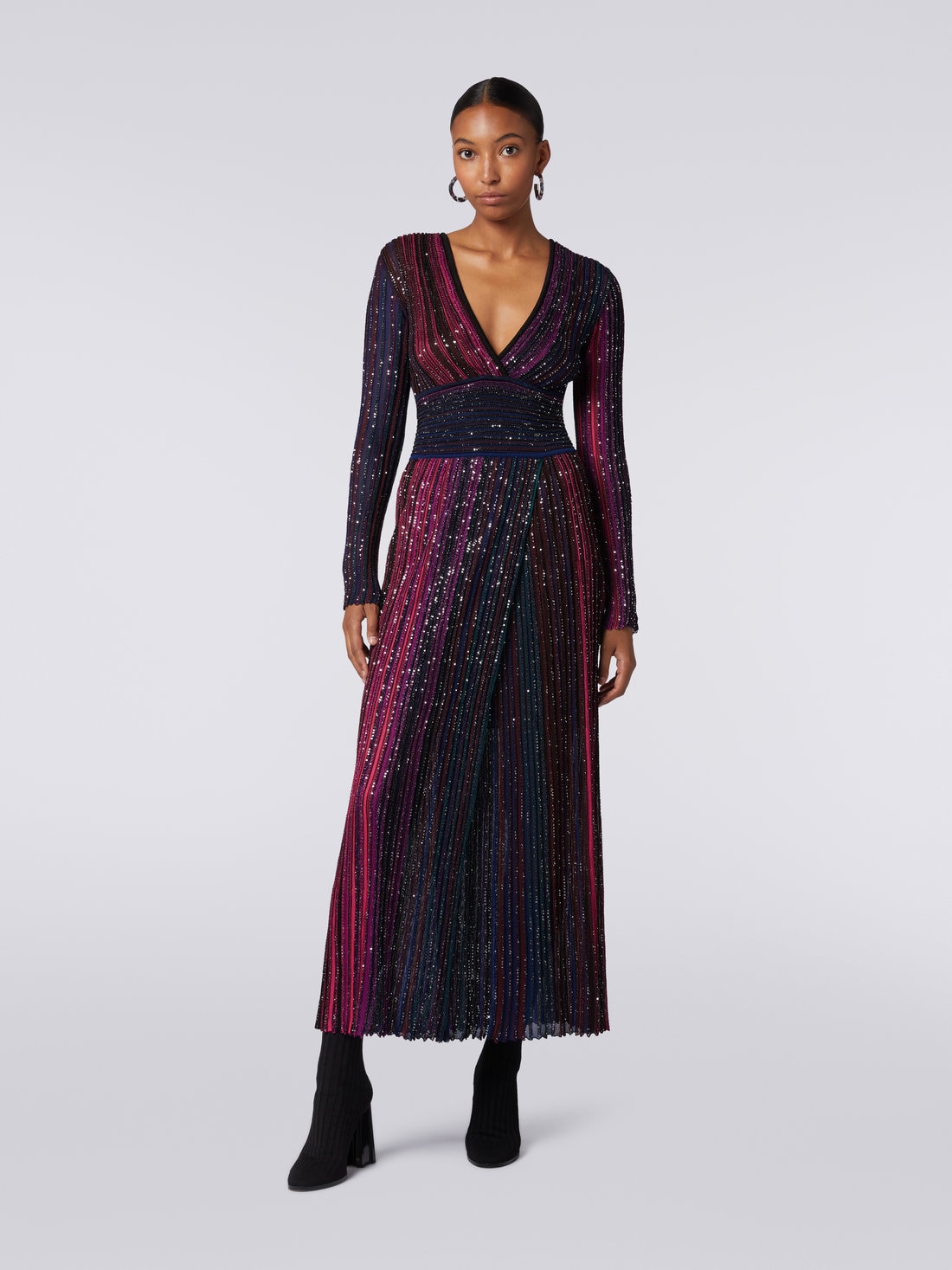 Long viscose dress with sequins and V neckline, Multicoloured  - DS23WG4ABK027ESM91N - 1