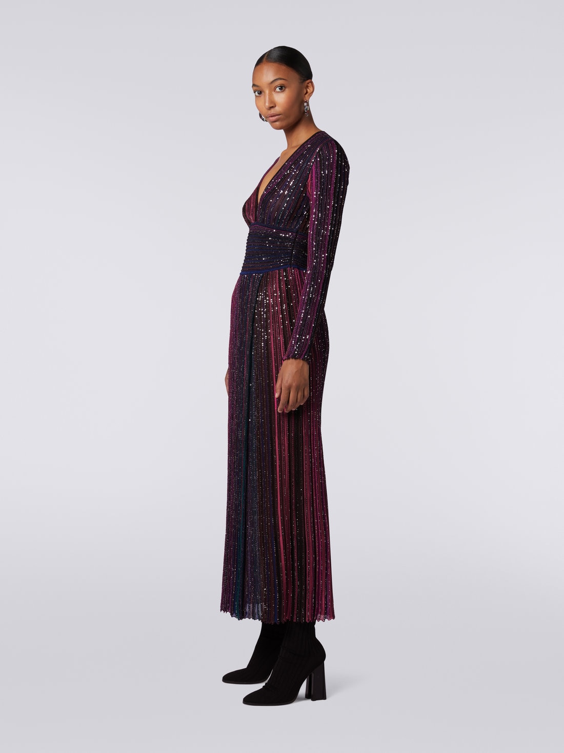 Long viscose dress with sequins and V neckline, Multicoloured  - DS23WG4ABK027ESM91N - 2