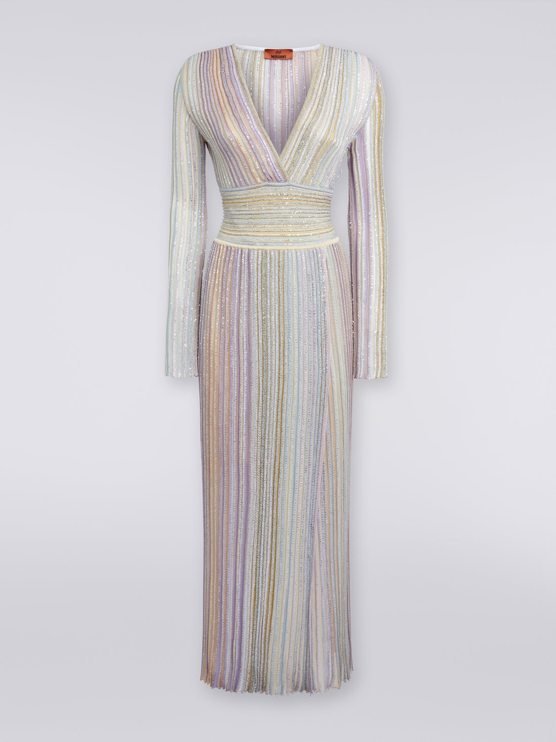 Long viscose dress with sequins and V neckline, Multicoloured  - DS23WG4ABK027ESM91O - 0