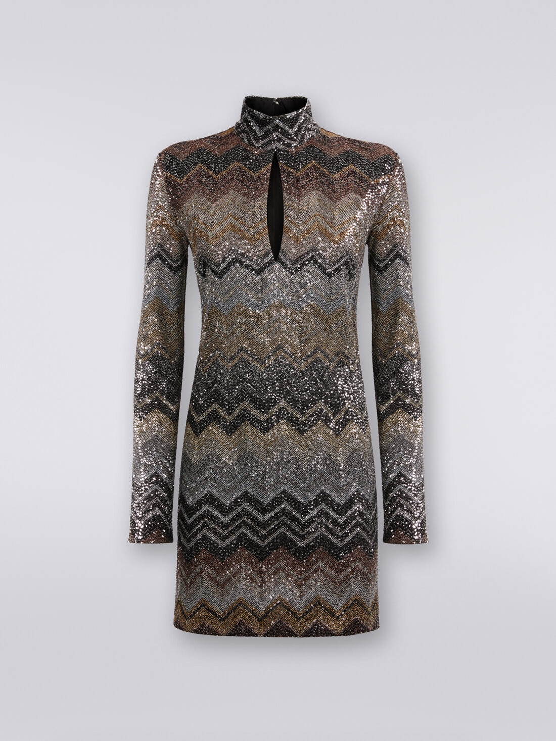 High-neck viscose blend chevron mini dress with sequins, Multicoloured  - DS23WG4VBC003US91HN - 0