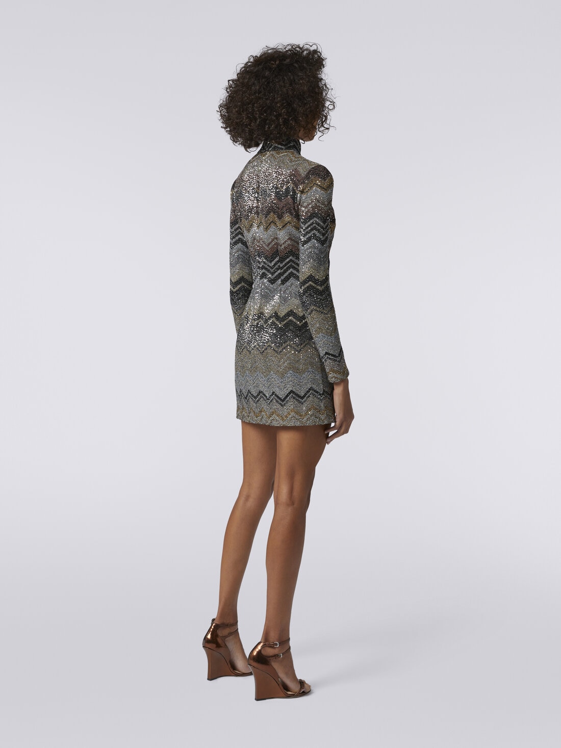 High-neck viscose blend chevron mini dress with sequins, Multicoloured  - DS23WG4VBC003US91HN - 3