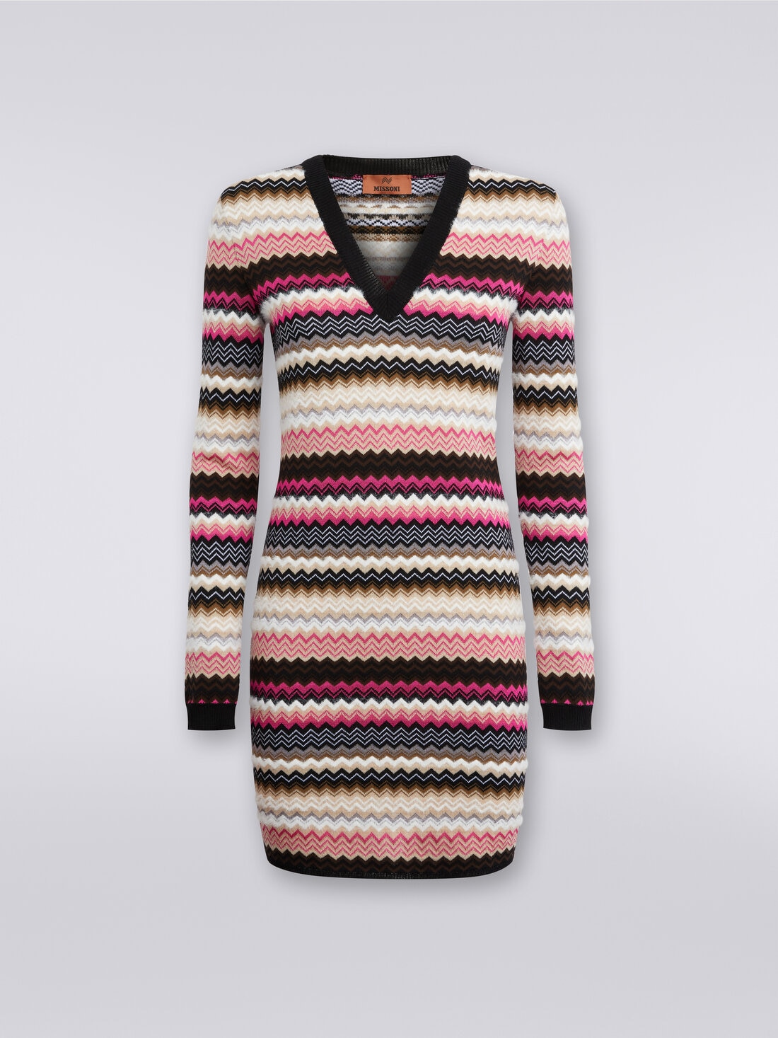 Vestido mini con cuello de pico y tejido en zigzag en mezcla de lana, Multicolor  - 8051575973819 - 0