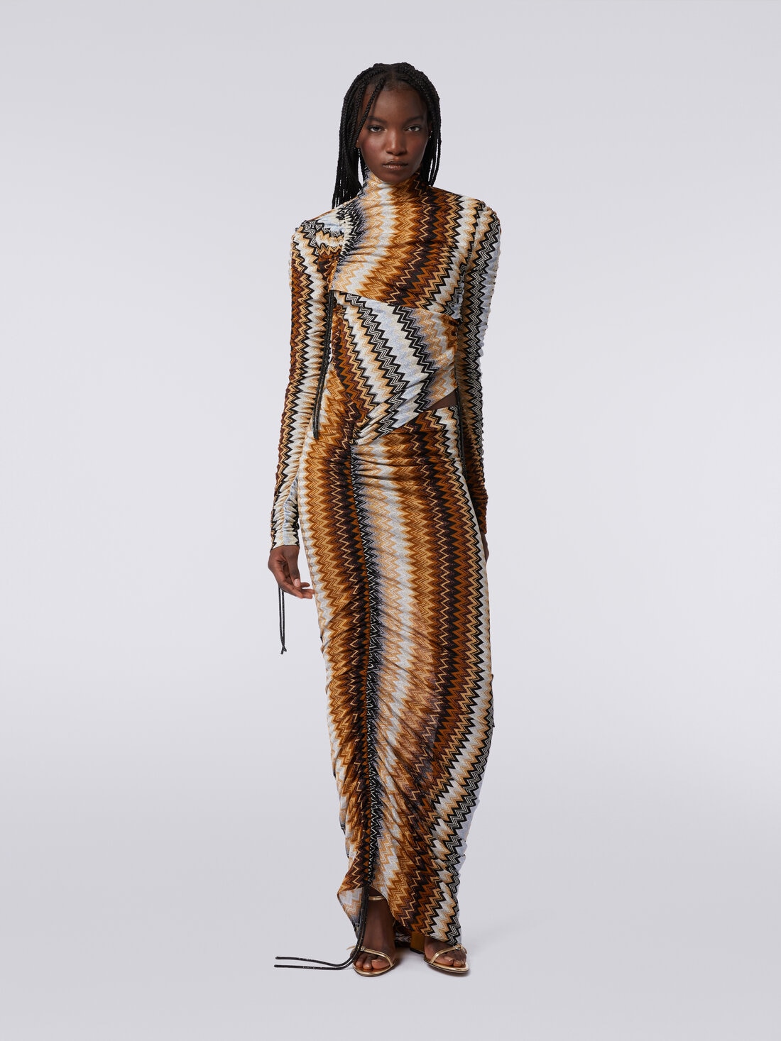 Long viscose chevron dress with high neck and side drape, Multicoloured  - DS23WG5PBR00T8S80BB - 1