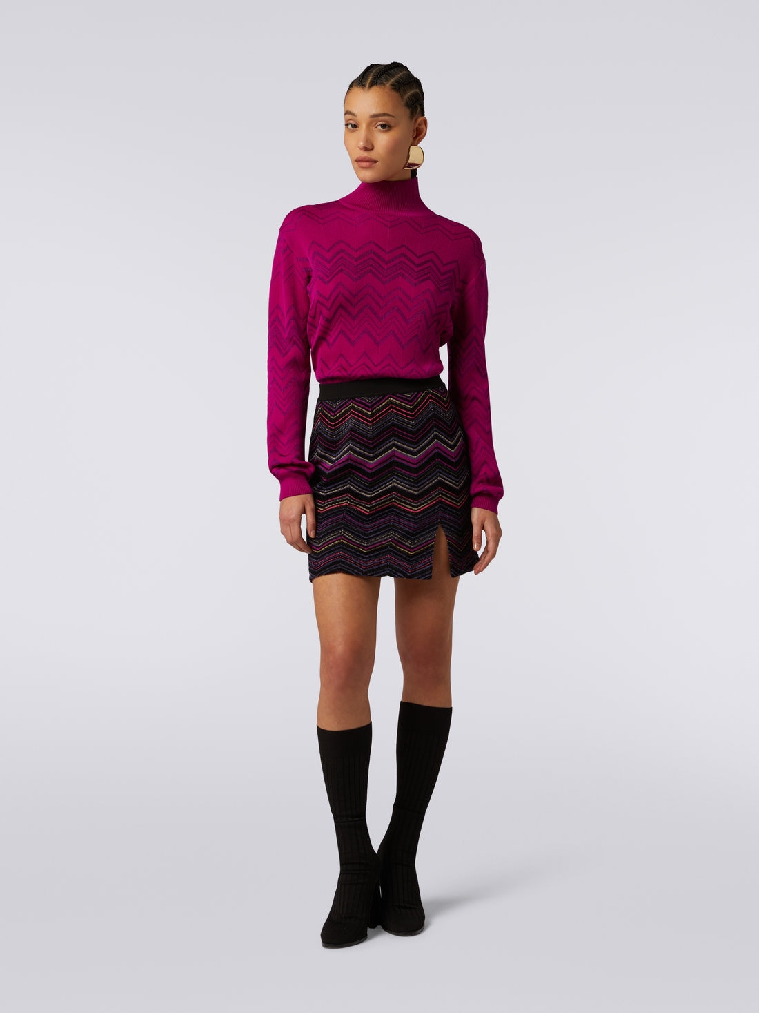 Wool and viscose miniskirt with split and zigzag pattern, Multicoloured  - DS23WH0CBK025JSM91G - 1