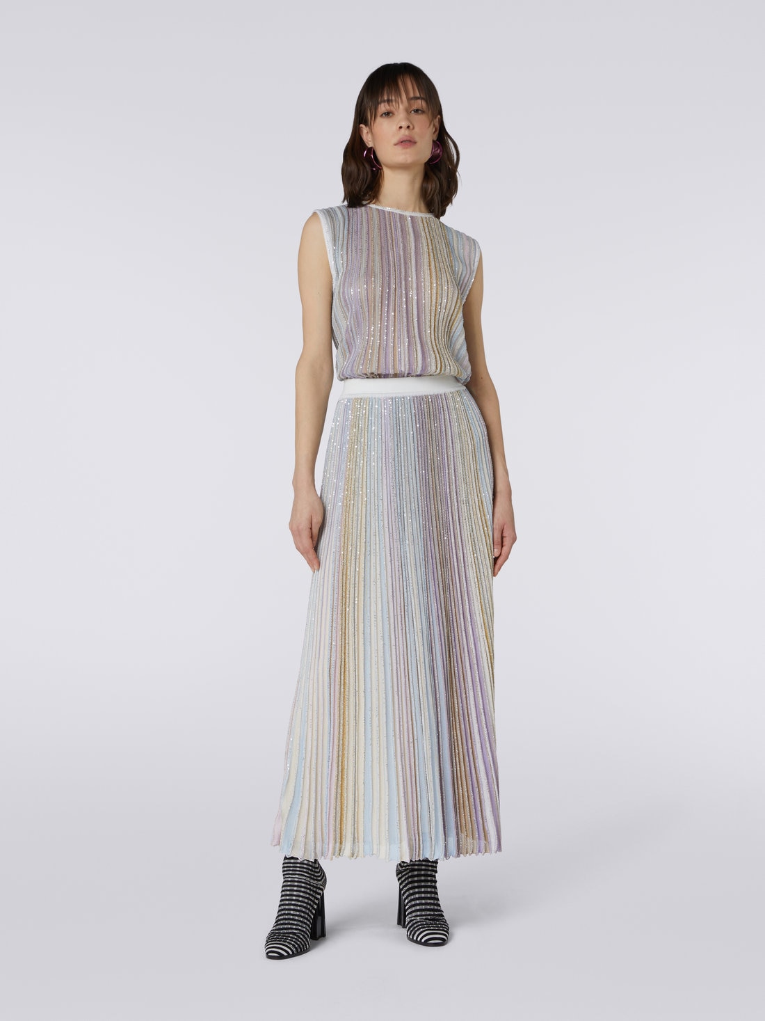 Long pleated viscose blend skirt with sequins , Multicoloured  - DS23WH0MBK027ESM91O - 1