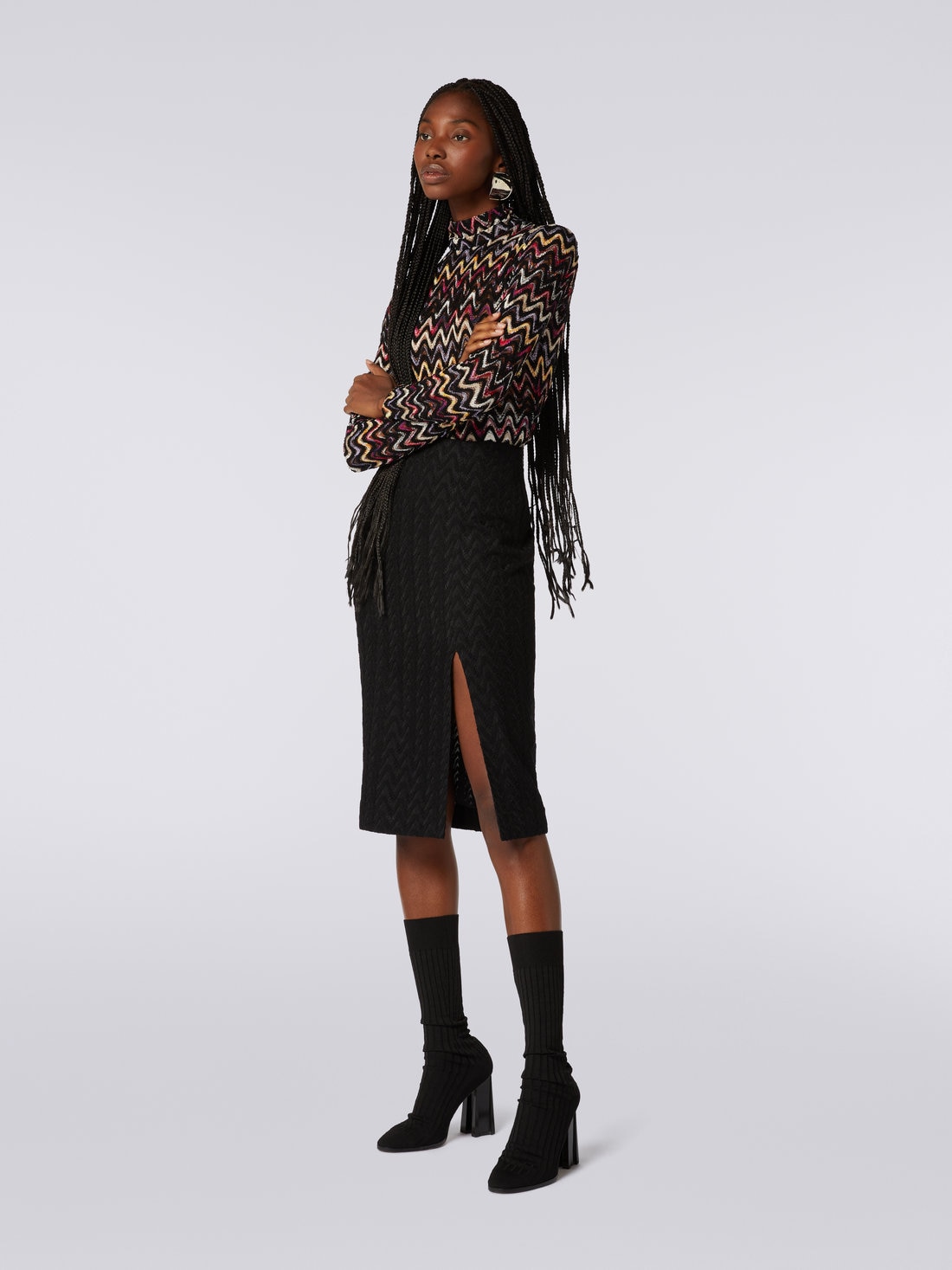 Midi skirt with split in raschel knit wool and viscose, Black    - DS23WH0RBR00NU93911 - 2