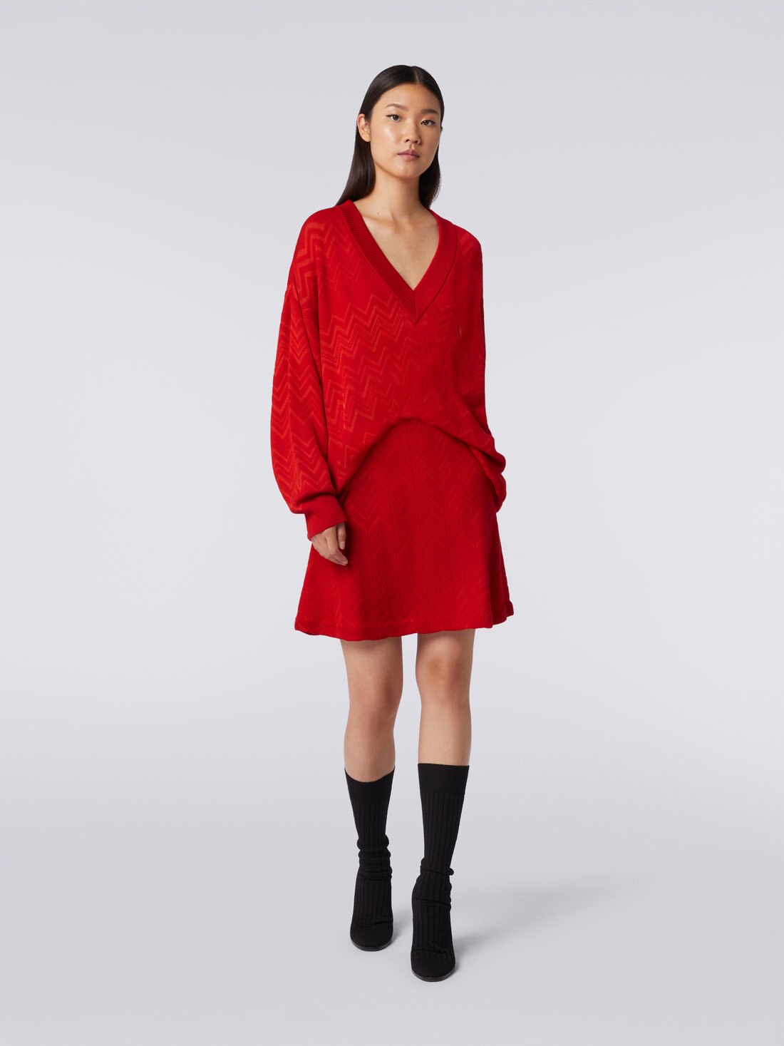 Wool and viscose chevron English-ribbed skirt, Red  - 8051575911880 - 1