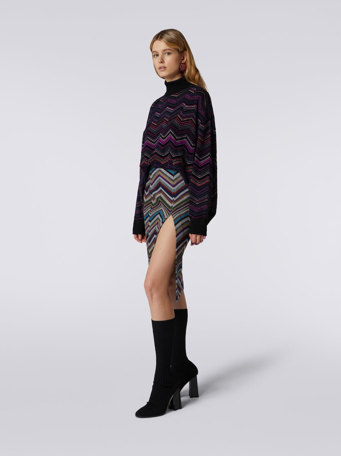Skirt with split in wool and viscose chevron and lurex, Multicoloured  - DS23WH17BC003OS91G6 - 2