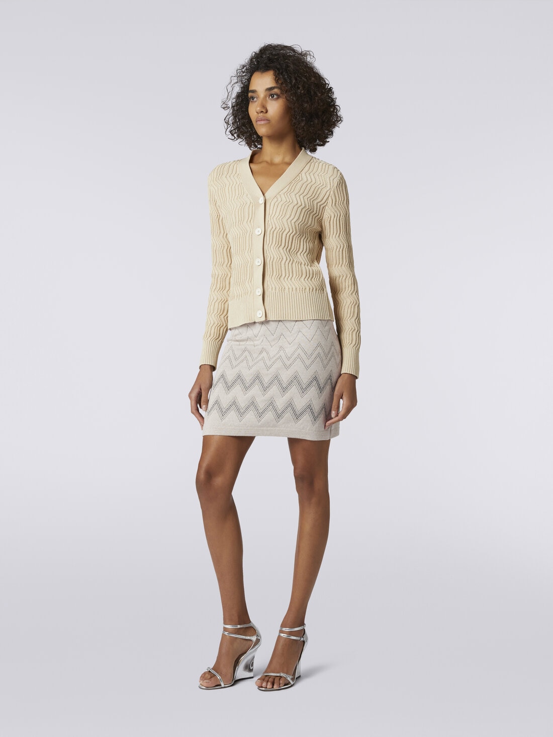 Minifalda de lana y viscosa zigzag con lúrex, Beige - DS23WH2EBK031WS01C2 - 2