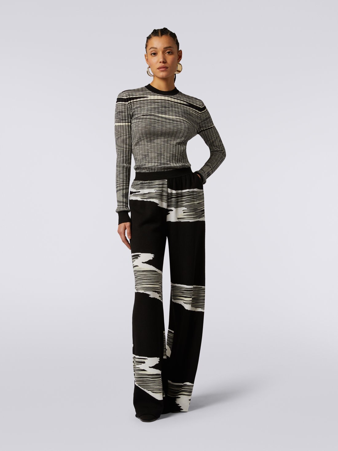 Wool palazzo trousers with wool inlay details , Black & White - DS23WI09BK025QF9001 - 1