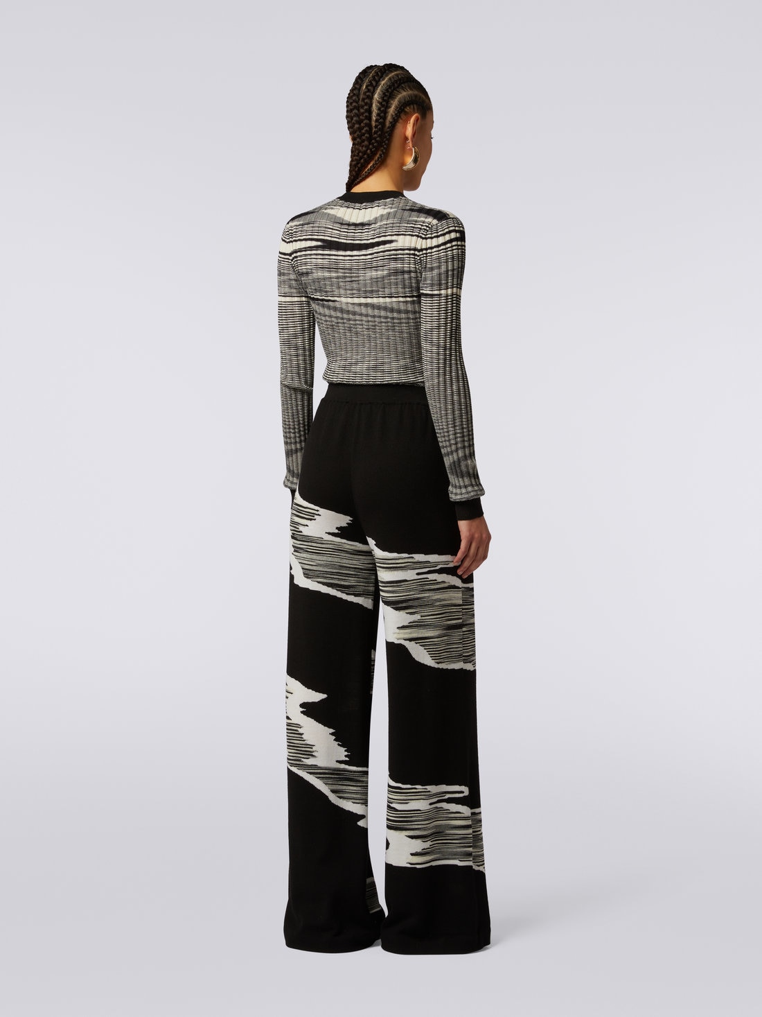Wool palazzo trousers with wool inlay details , Black & White - 3