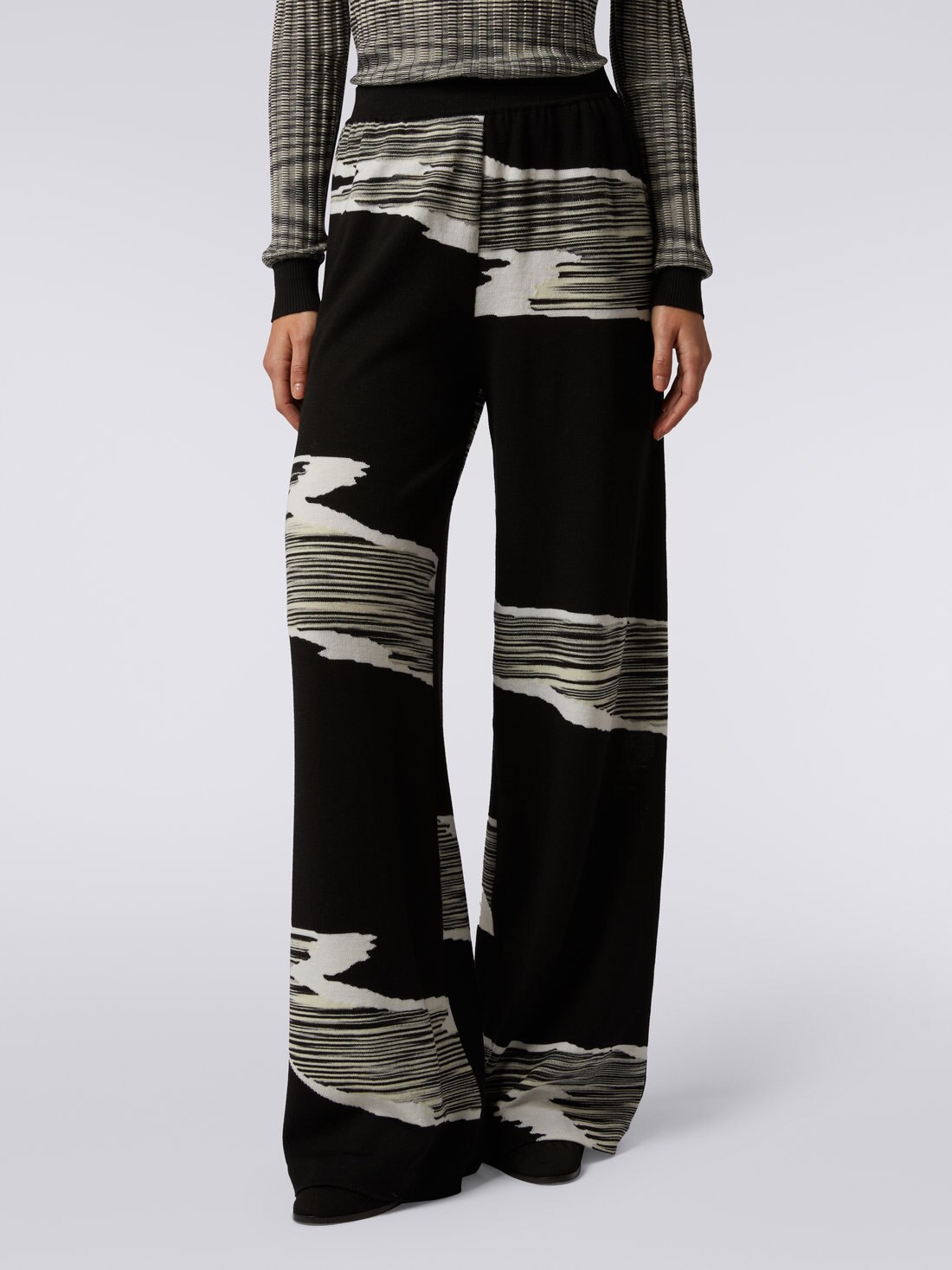 Wool palazzo trousers with wool inlay details , Black & White - 4