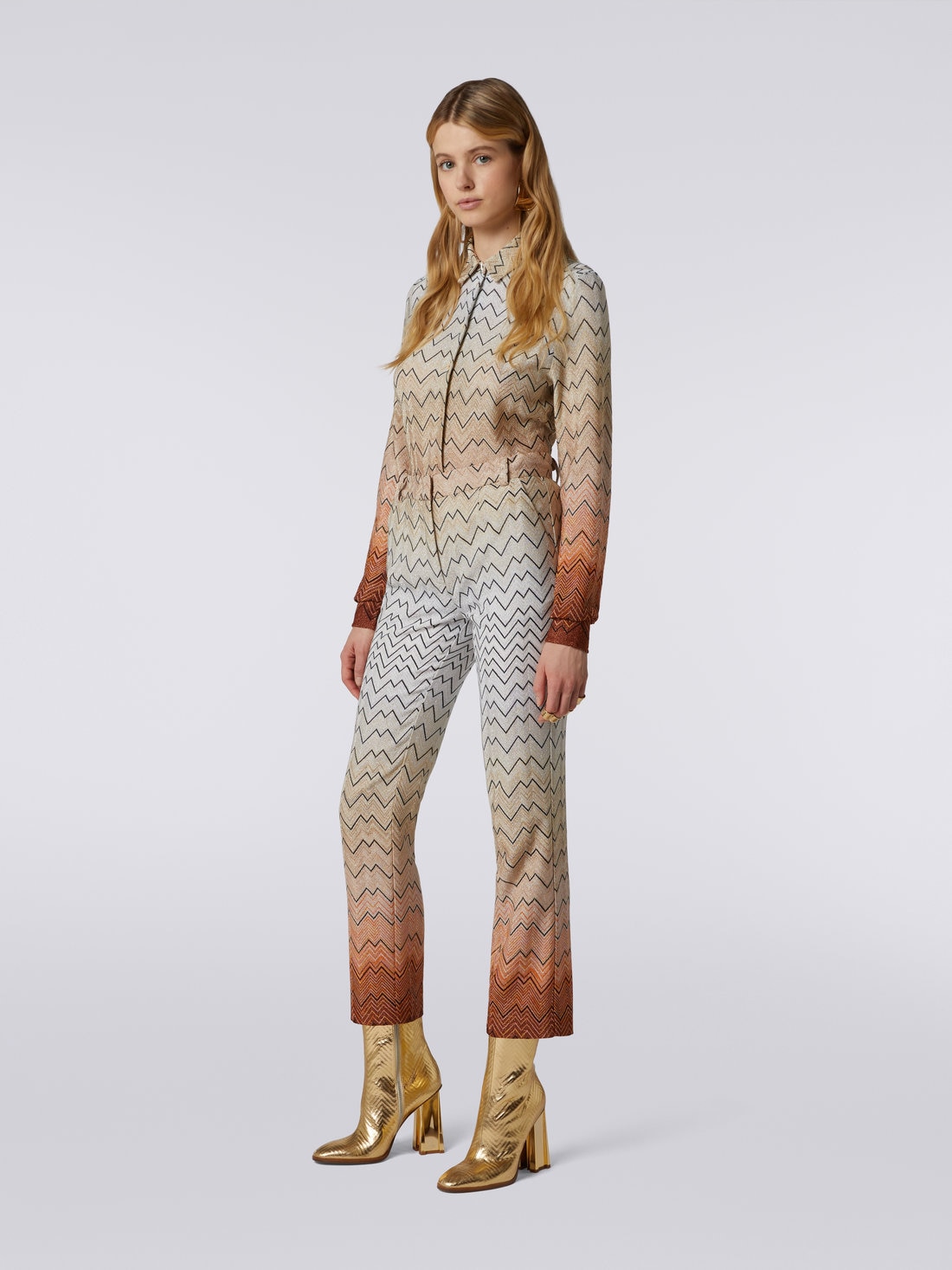 Viscose blend Capri pants with zigzag pattern and lurex, White  - 8051575912351 - 2