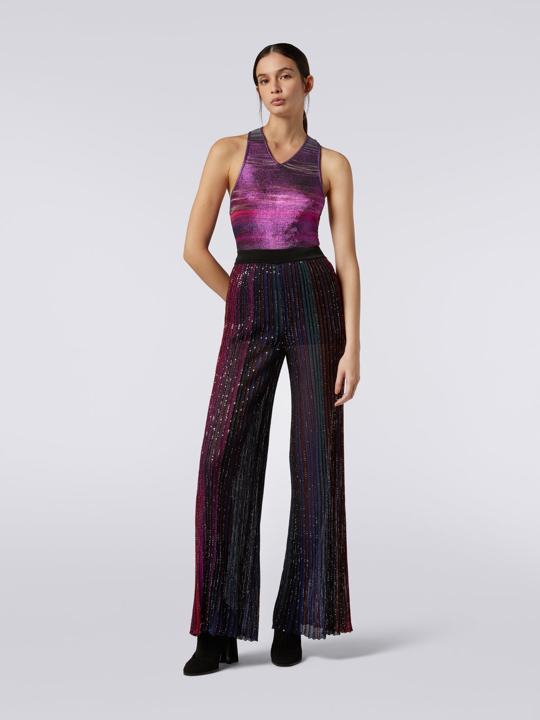 Flared pleated viscose blend trousers with sequins, Multicoloured  - DS23WI0KBK027ESM91N - 1