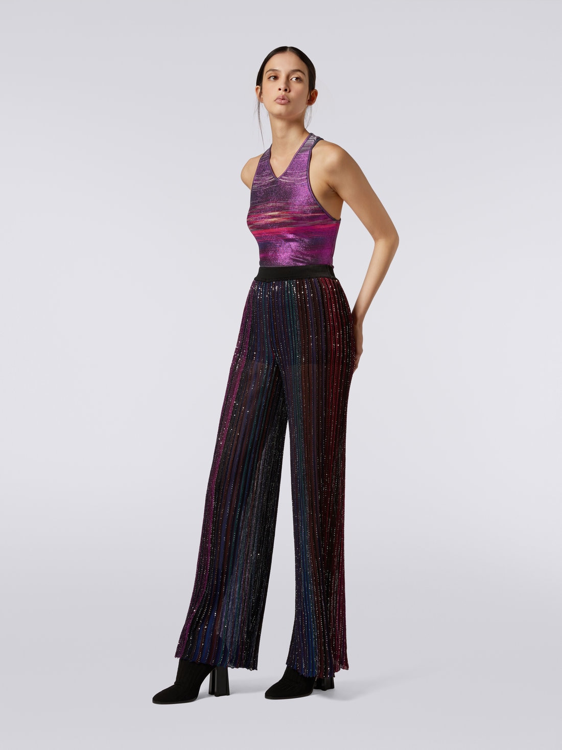 Flared pleated viscose blend trousers with sequins, Multicoloured  - 2