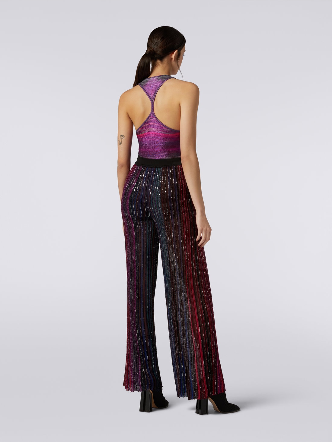 Flared pleated viscose blend trousers with sequins, Multicoloured  - 3