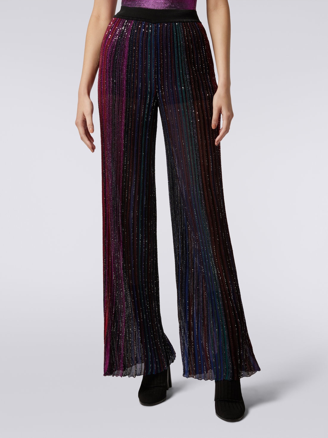 Flared pleated viscose blend trousers with sequins, Multicoloured  - DS23WI0KBK027ESM91N - 4