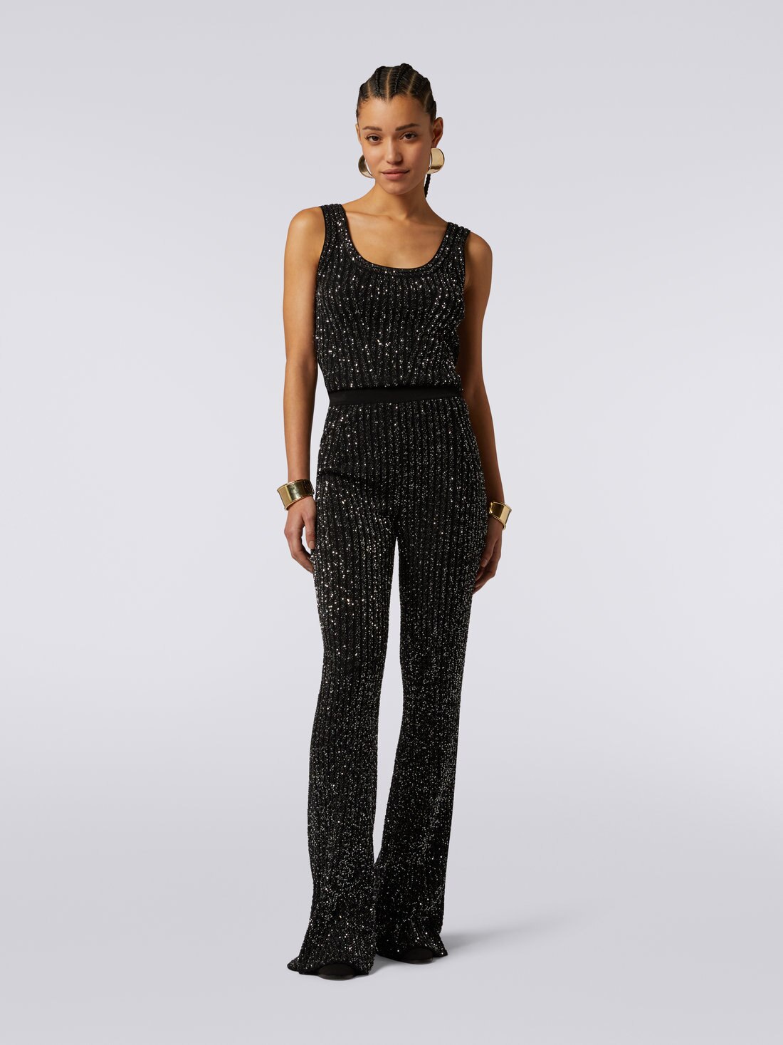 Pantalon évasé en viscose mélangée avec paillettes, Noir    - DS23WI0QBK025RS90DI - 1