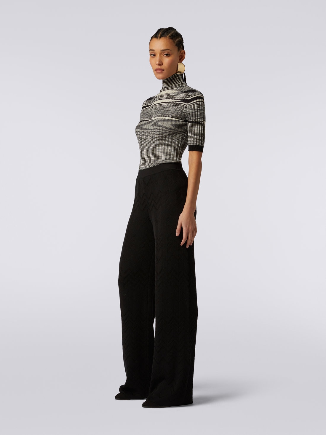 Flared English-ribbed wool and viscose chevron trousers , Black    - DS23WI0SBK027A93911 - 2