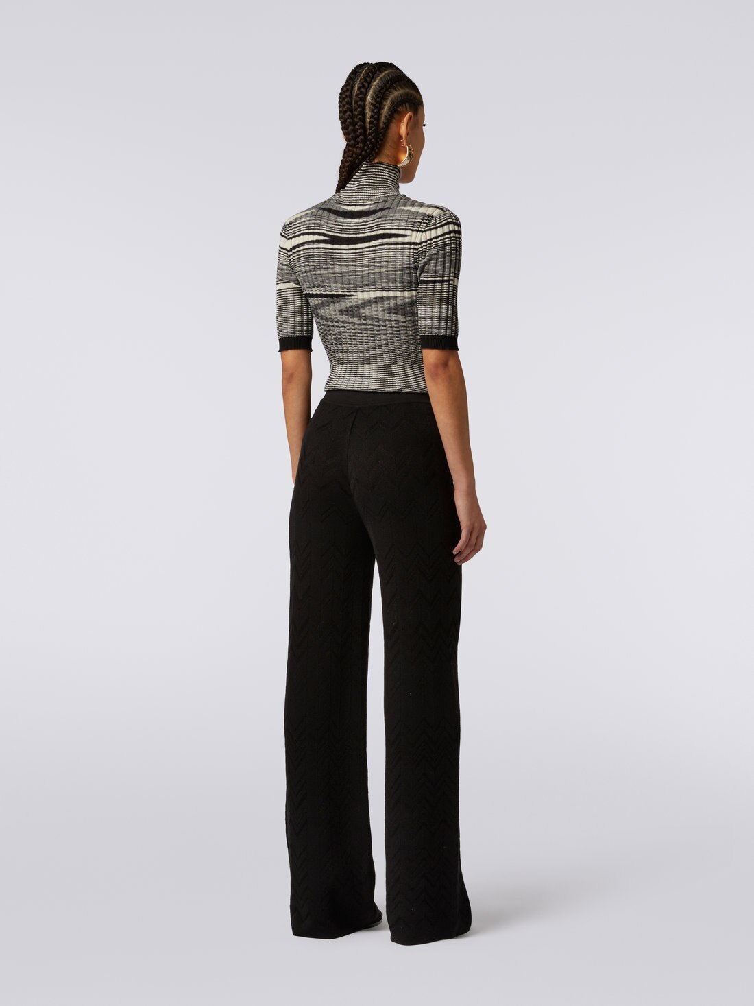 Pantalon évasé en mailles anglaises en laine et viscose à chevrons , Noir    - DS23WI0SBK027A93911 - 3