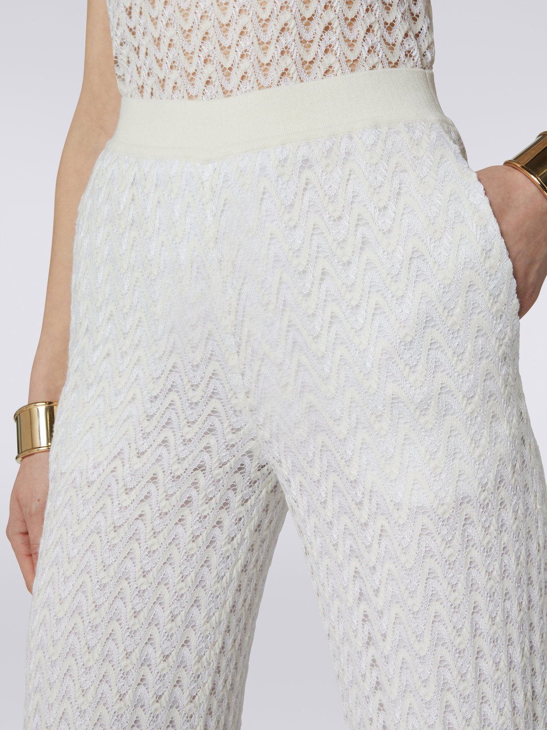 Palazzo pants in raschel knit wool and viscose, White  - DS23WI0WBR00NU14001 - 4