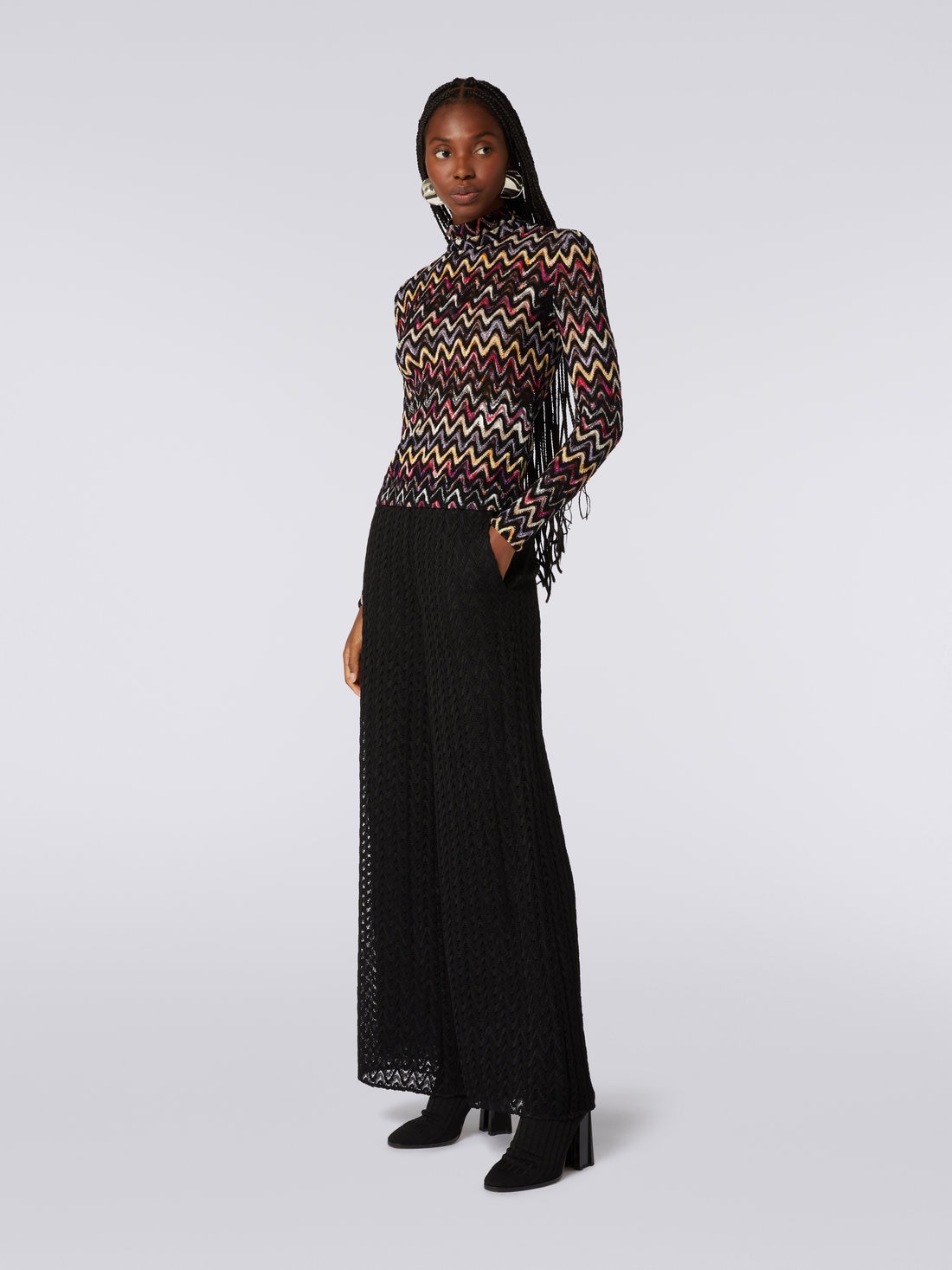 Palazzo pants in raschel knit wool and viscose, Black    - DS23WI0WBR00NU93911 - 2