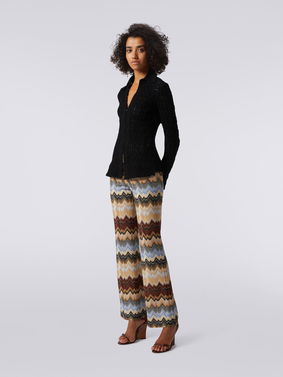 Pantalon évasé plissé en viscose à chevrons avec lurex, Multicolore  - DS23WI1GBR00SZSM941 - 2