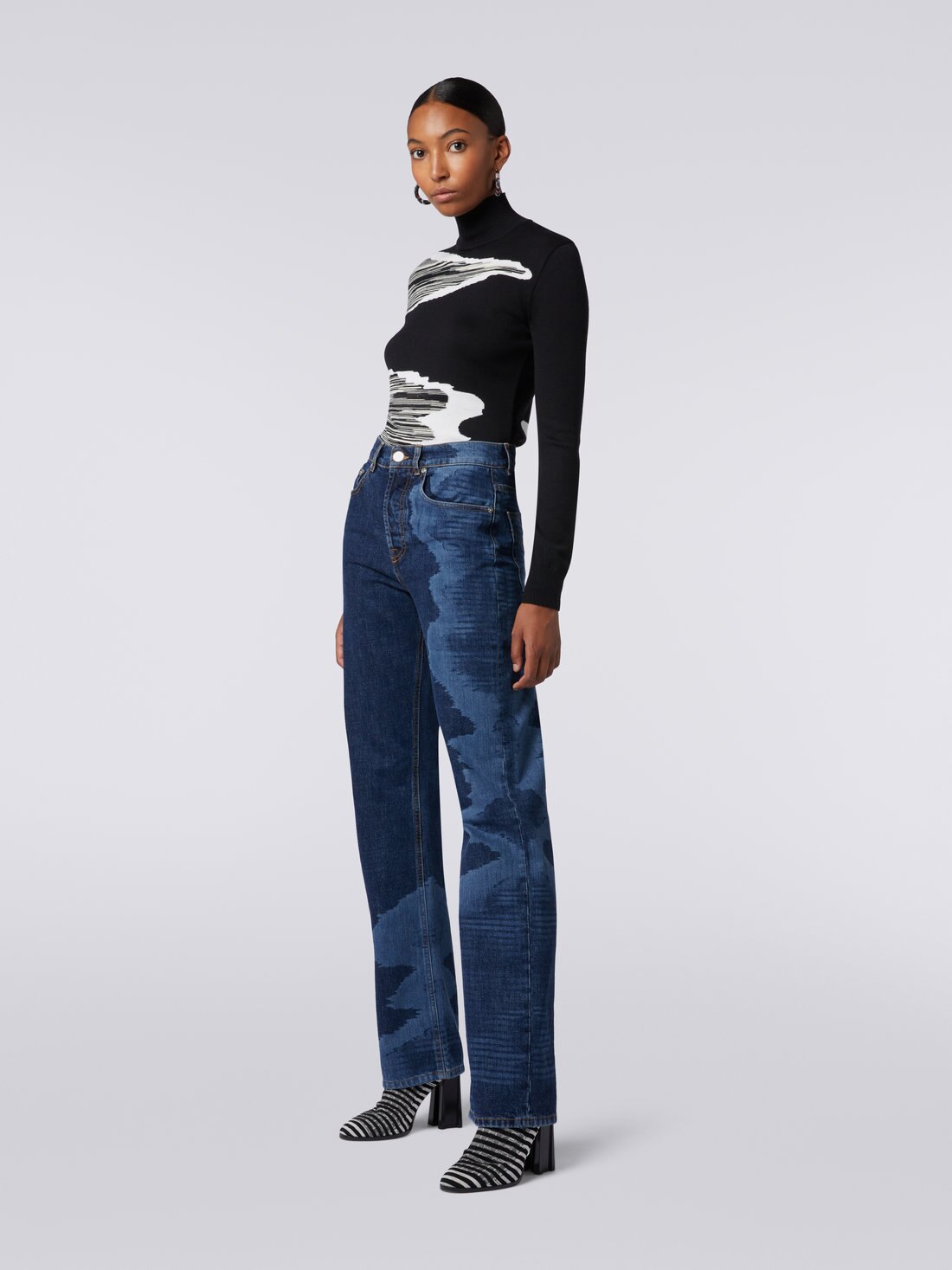 High-waisted slub denim five-pocket trousers, Blue - 8051575912672 - 1